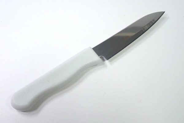 百均浪漫◆エコー金属 小出刃包丁（両刃）。本体詳細写真。刃厚。フルーツナイフと比較。